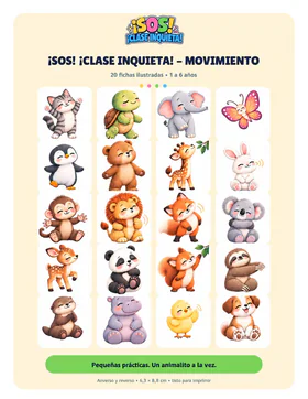 Portada del módulo Movimiento del Kit ¡SOS! ¡Clase Inquieta!, con el gatito y otros animalitos