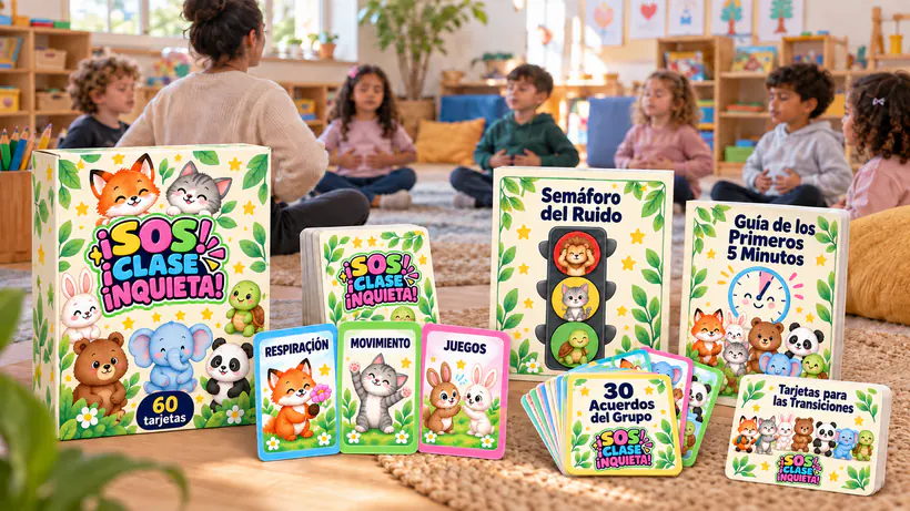 La caja del Kit ¡SOS! ¡Clase Inquieta! con 60 tarjetas, tres tarjetas de Respiración, Movimiento y Juegos y los cuatro bonos sobre el tapete, con un grupo sentado en círculo con la maestra al fondo
