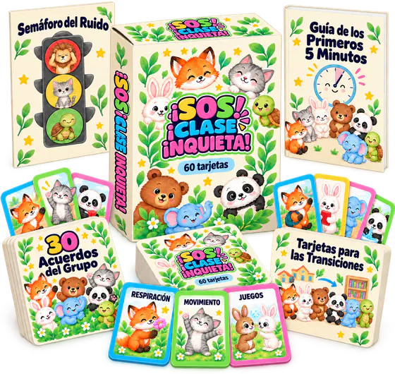 Plan Completo del Kit ¡SOS! ¡Clase Inquieta!: la caja con las 60 tarjetas y los 4 bonos, la Guía de los Primeros 5 Minutos, el Semáforo del Ruido, las Tarjetas para las Transiciones y los 30 Acuerdos del Grupo